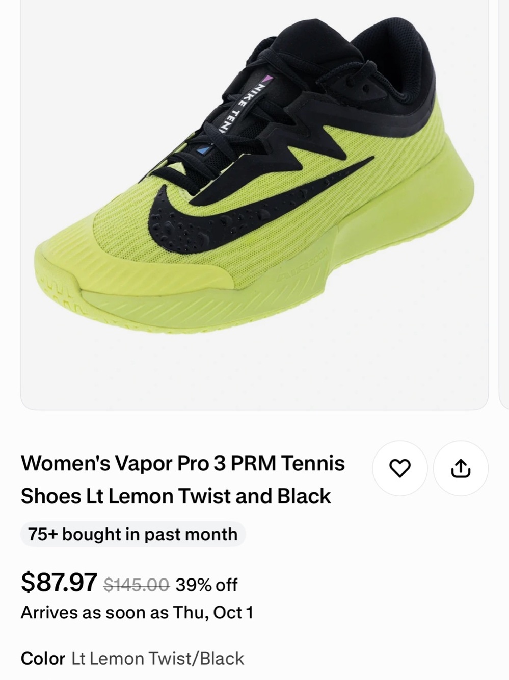 Nike Women’s Vapor Pro 3 PRM Tennis Shoes – Lemon Twist/Black – Size 8
